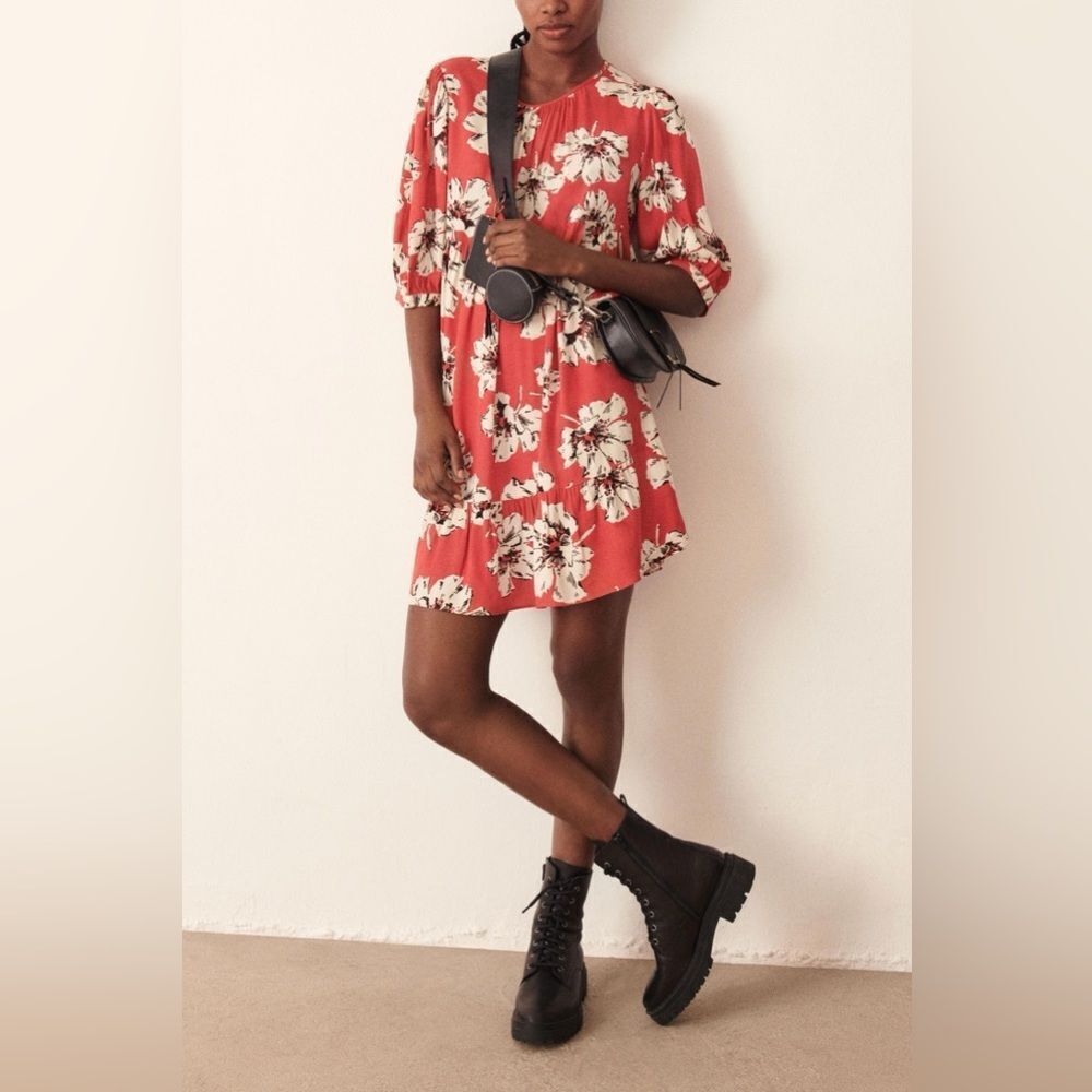 BA&SH Katia Floral Tie Back Ruffle Hem Shift Mini Dress size 2 US 6